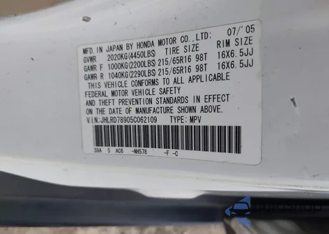 2005 Honda Cr-V Se from USA, damaged, VIN JHLRD78905C062109